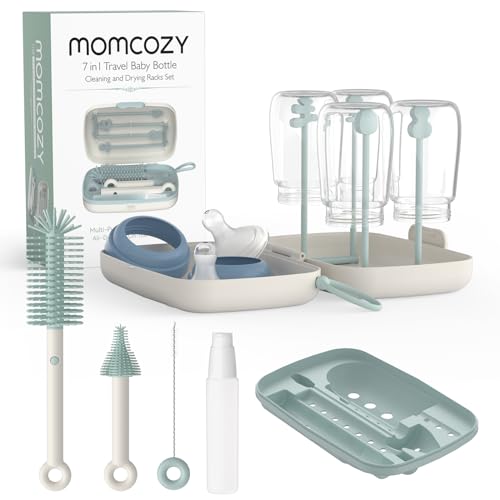 Momcozy Bottle Brush Set - Baby Bottle Cleaner Kit with Silicone Brush, Nipple Brush, Straw Brush, Soap Dispenser, Drying Rack - 7 in 1 Bottle Cleaning Tool for Home and Travel