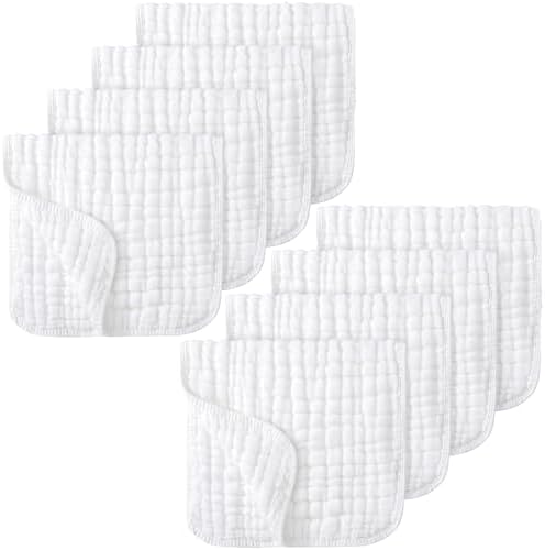 8 Pack Muslin Burp Cloths for Babies, Large 20''X10'', 100% Cotton Baby Washcloths for Boys Girls, Super Soft and Absorbent, Newborn Baby Essentials (White)
