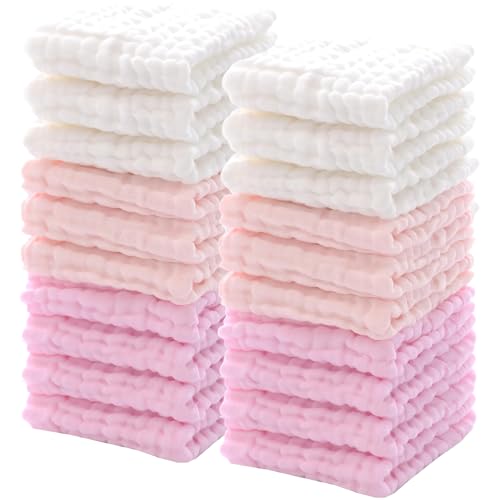 20 Pcs Baby Muslin Washcloths Natural Muslin Cotton Baby Wipes Soft Newborn Baby Face Towel Absorbent Muslin Washcloth for Sensitive Skin Baby 12 x 12 Inch (Powder Pink, White, Pink)