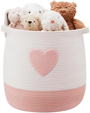 65L Pink Laundry Hamper Basket for Baby Girl Kids, 17Dx18H inches Nursery Hamper, Toddler Woven Storage Basket for Toys ( Blush Pink Heart)