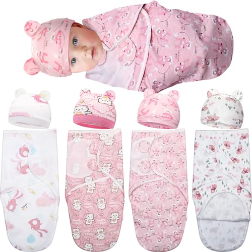 4 Pcs Baby Preemie Swaddles Blanket Wrap with Zipper Original Swaddles for 0-3 Months Newborn Boys Girls Cotton Newborn Swaddle Wrap with Hat Adjustable Swaddles Small(Pink Bear and Rabbit)
