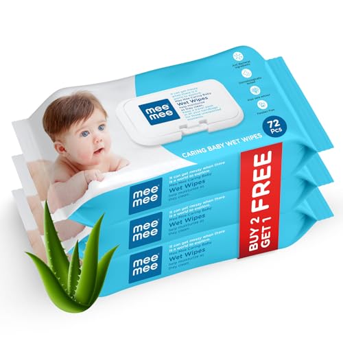 Mee Mee Caring Baby Wet Wipes with lid, 72 Pcs (Aloe Vera, Pack of 3)