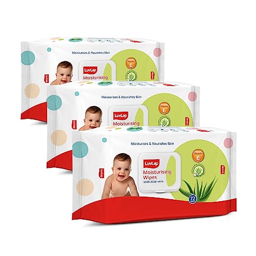 LuvLap Moisturising Wet Wipes with Lid For Baby Skin, Enriched with Aloe Vera, Vitamin E & Chamomile Extract, pH Balanced, Dermatologically Safe, Paraben & Sulphate Free, 72 Wipes, pack of 3